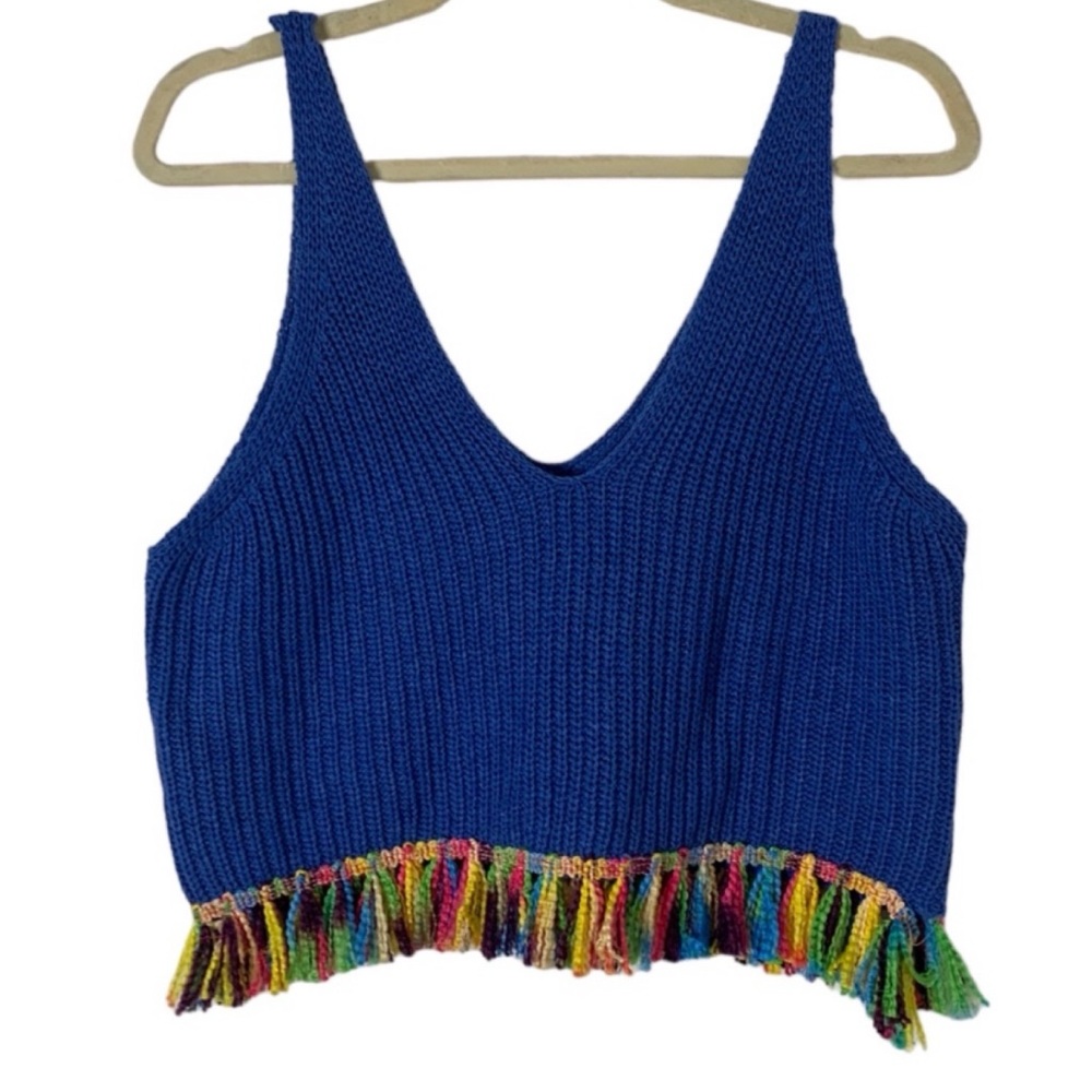 Debut Blue Rainbow Fringe Cropped Sleeveless Festival Boho Knit Top